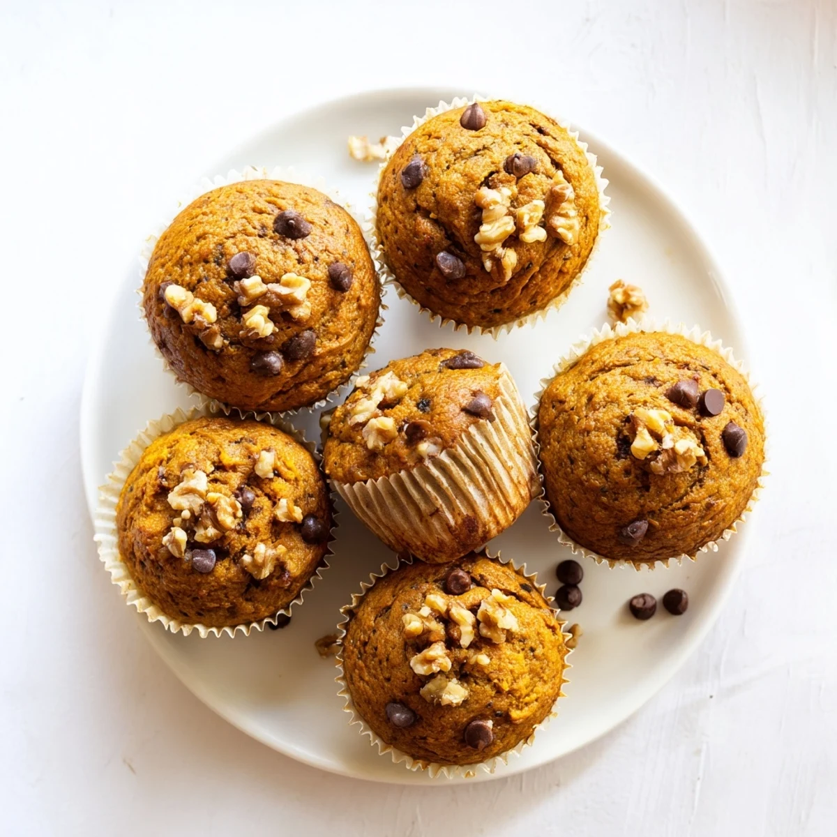 Golden butternut squash banana muffins topped with walnuts on a wooden board