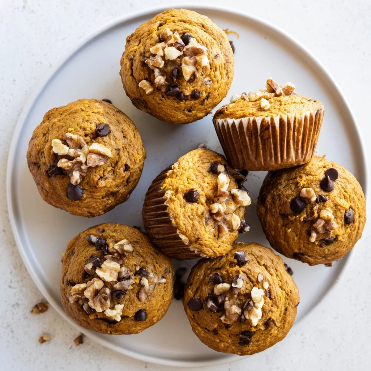 Moist butternut squash banana muffins split open showing tender crumb and chocolate chips