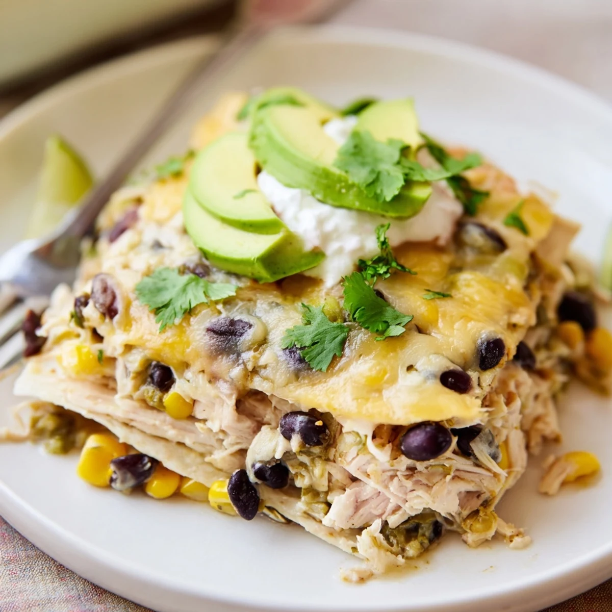 Salsa Verde Chicken Casserole bubbling with golden cheese, topped with sliced avocado  