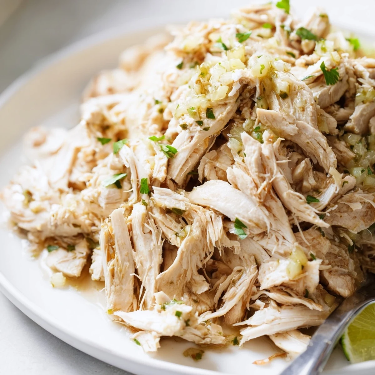 Slow Cooker Cilantro Lime Chicken, tender shredded, steaming in zesty lime juices  