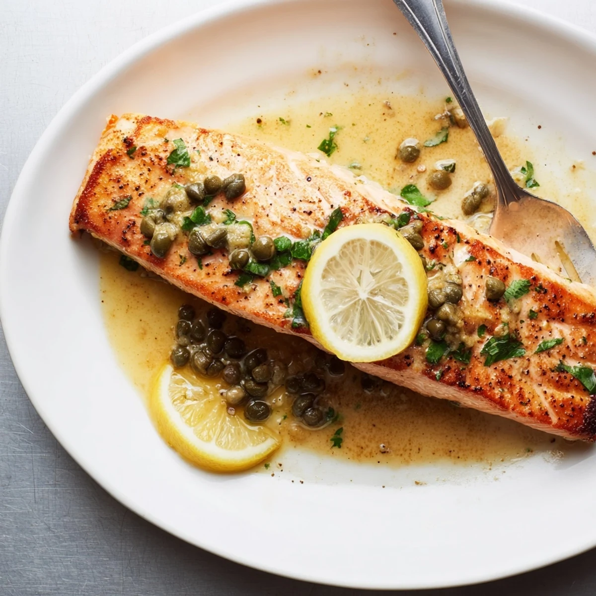 Pan seared Salmon Piccata with lemon caper sauce, golden crust and garlic  