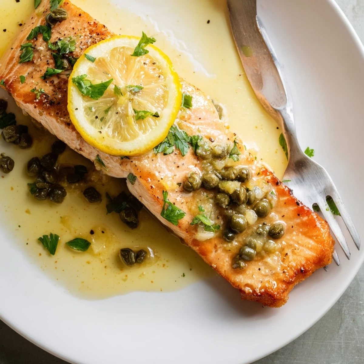 Skillet finished Salmon Piccata topped with capers and parsley, buttery aroma