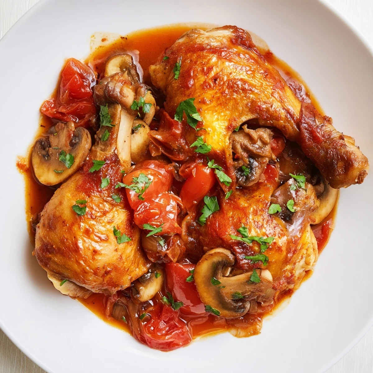 Chicken Chasseur, tender braised chicken thighs in rich tomato-mushroom wine sauce.
