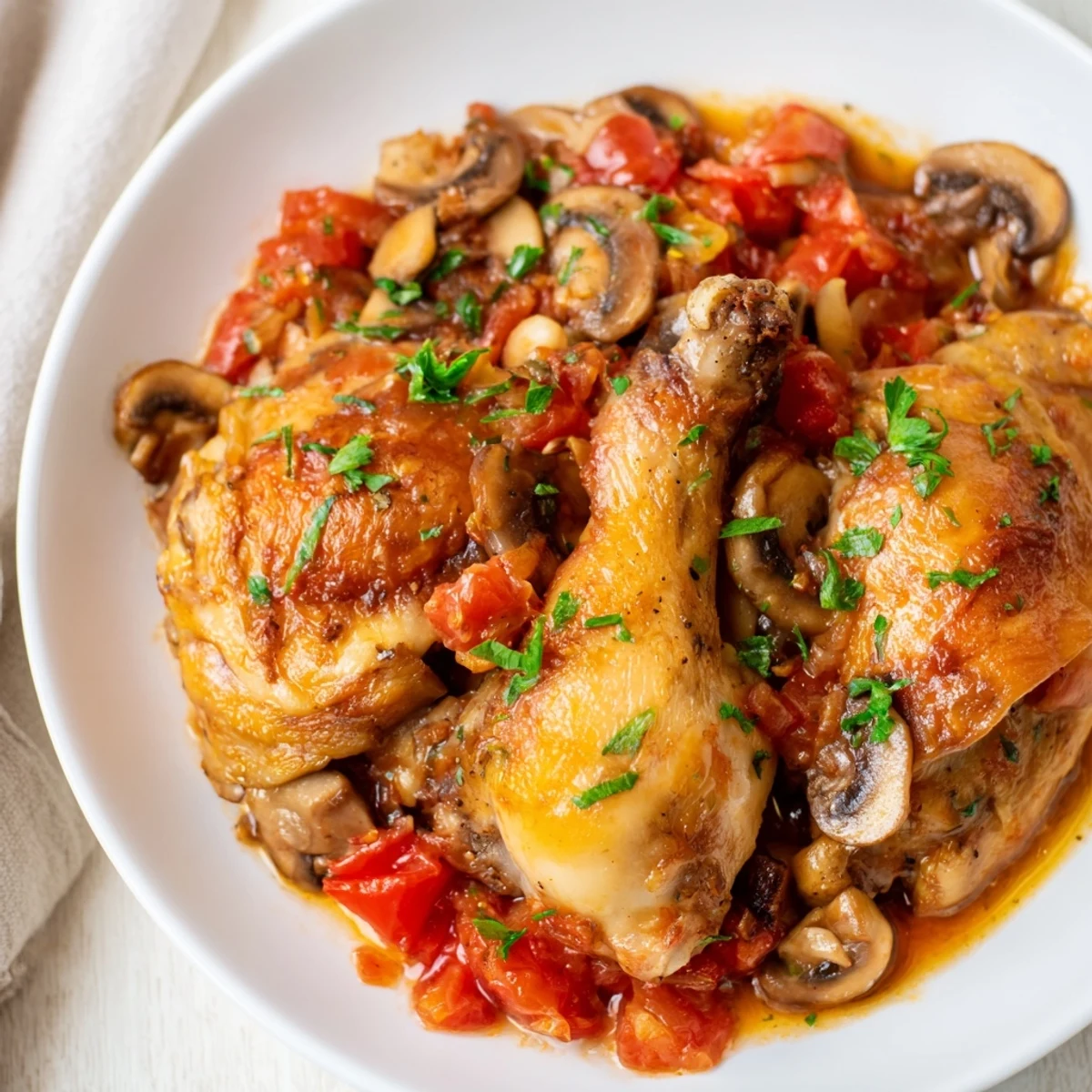 Skillet Chicken Chasseur simmered with mushrooms and tarragon, served over buttered noodles.