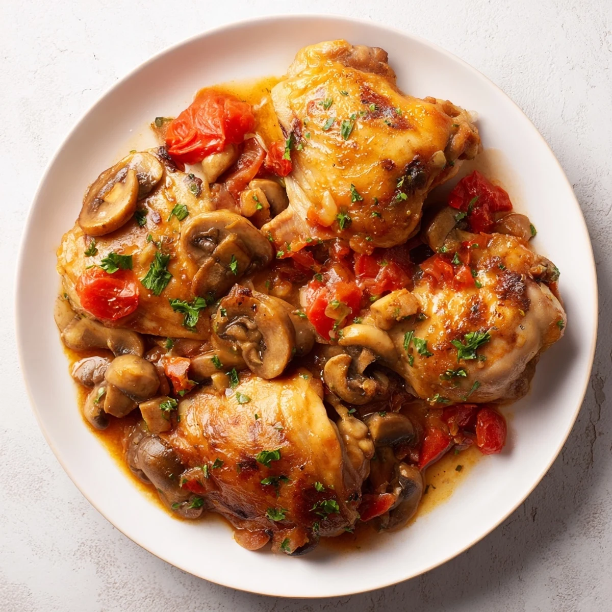 Rustic Chicken Chasseur, aromatic herbs and wine-infused sauce spooned onto crusty bread.