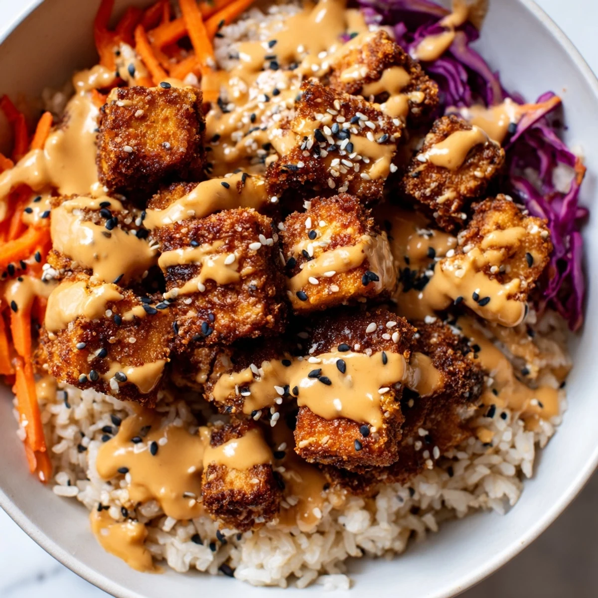 Crispy golden tofu rice bowl with peanut sauce drizzled over colorful fresh vegetables