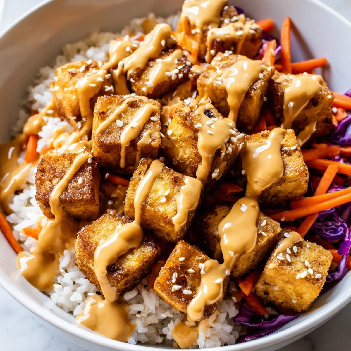 Creamy peanut sauce cascading over a vibrant tofu rice bowl topped with sesame seeds