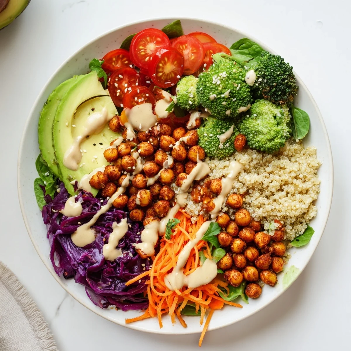 Colorful Buddha Bowl with roasted chickpeas, fresh avocado, and creamy tahini dressing