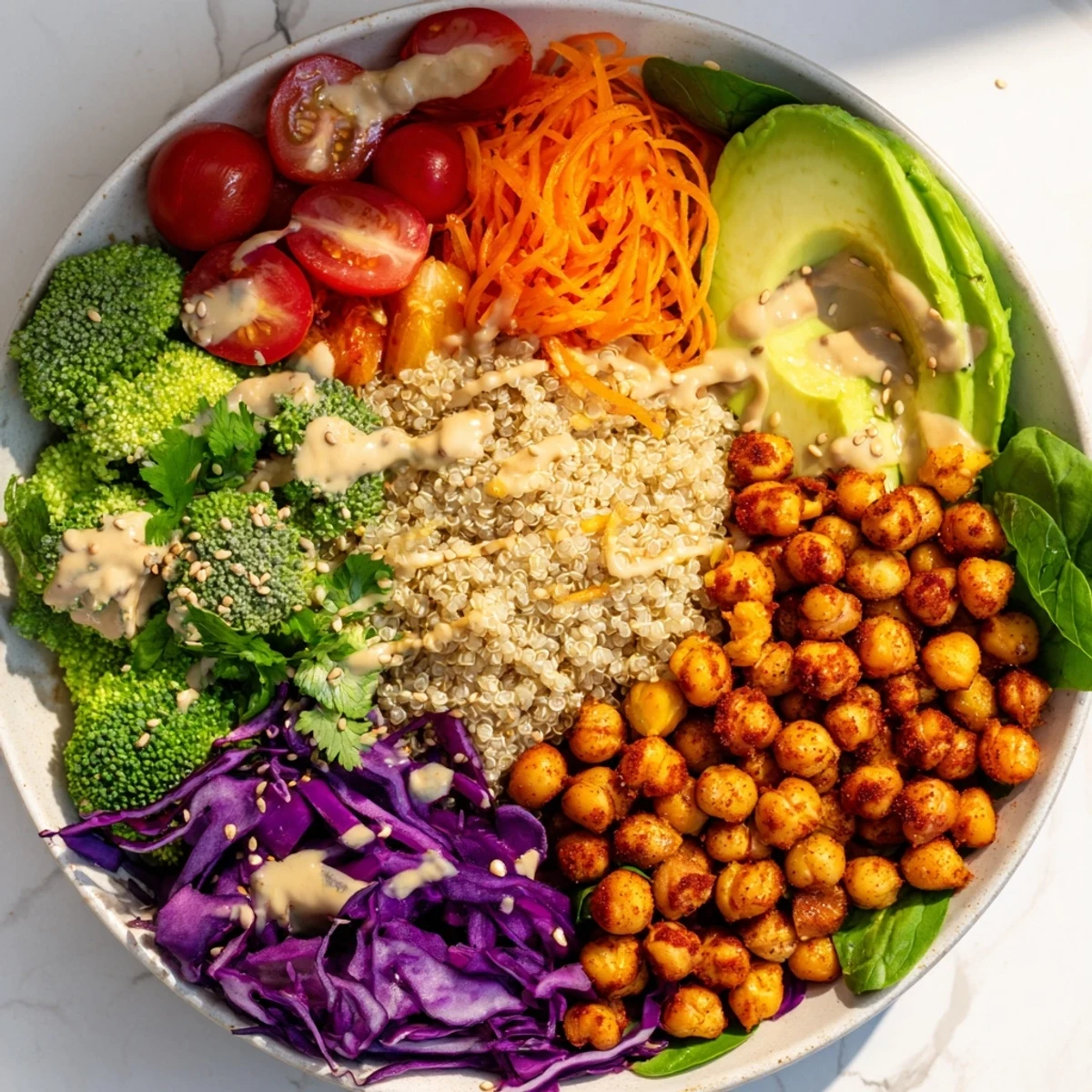 Healthy Buddha Bowl topped with steamed broccoli, grated carrots, and nutty sesame seeds