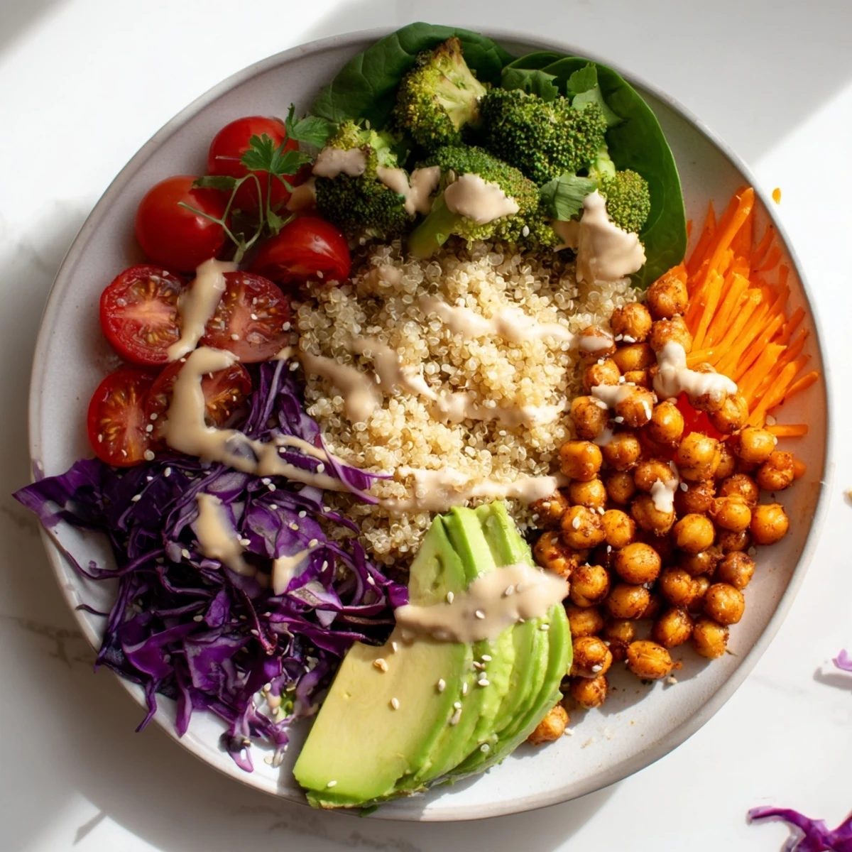 Vibrant Buddha Bowl featuring crisp vegetables, spiced chickpeas, and golden quinoa