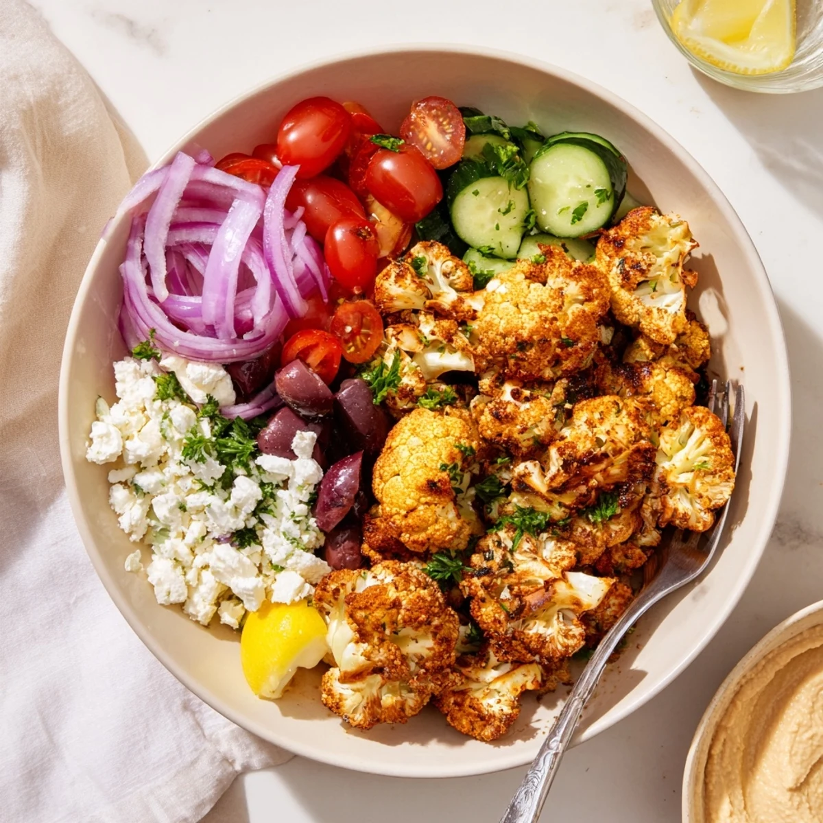 Golden roasted Greek cauliflower bowl topped with crumbled feta and fresh vegetables