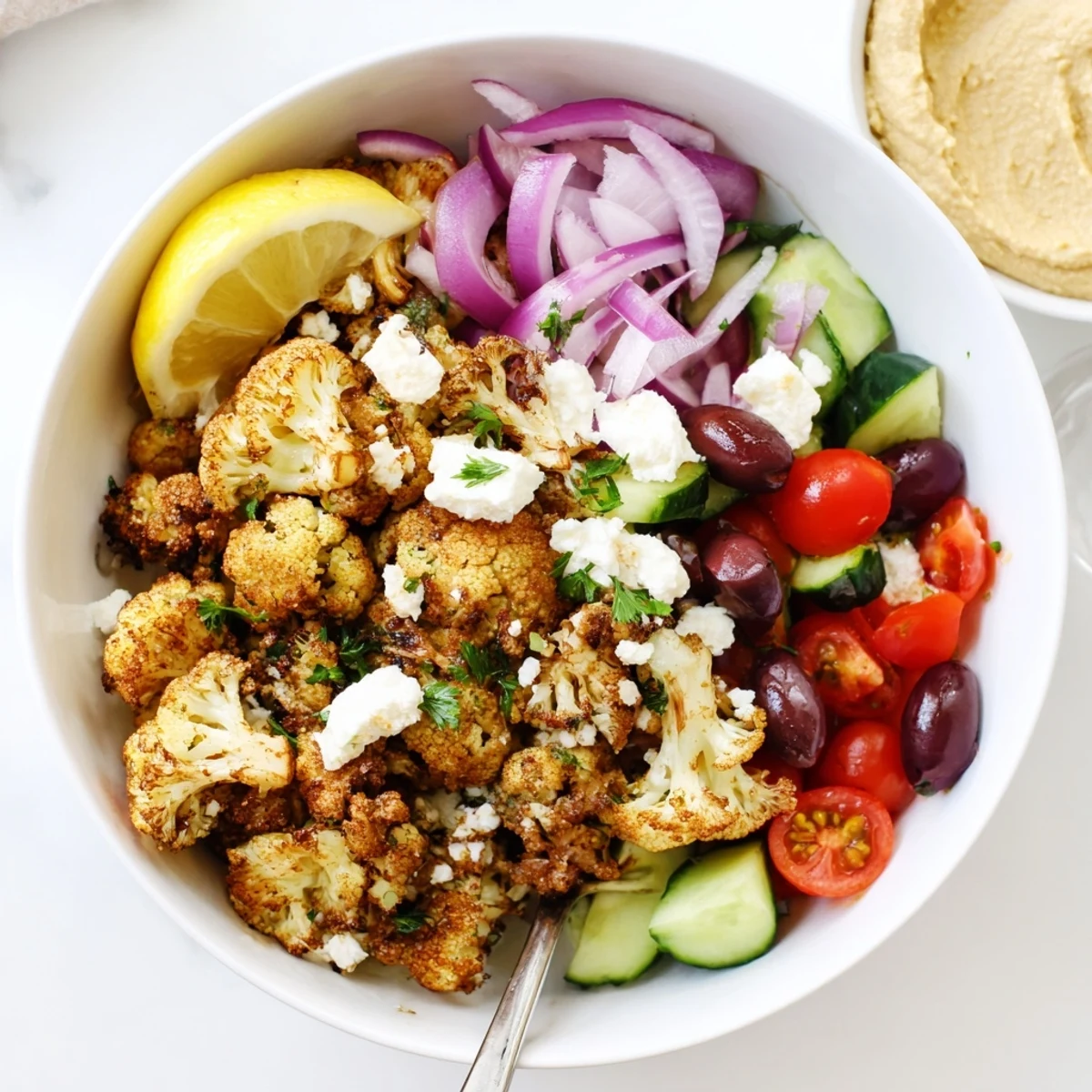 Vibrant Greek cauliflower bowl with tender caramelized florets, juicy tomatoes, and olives
