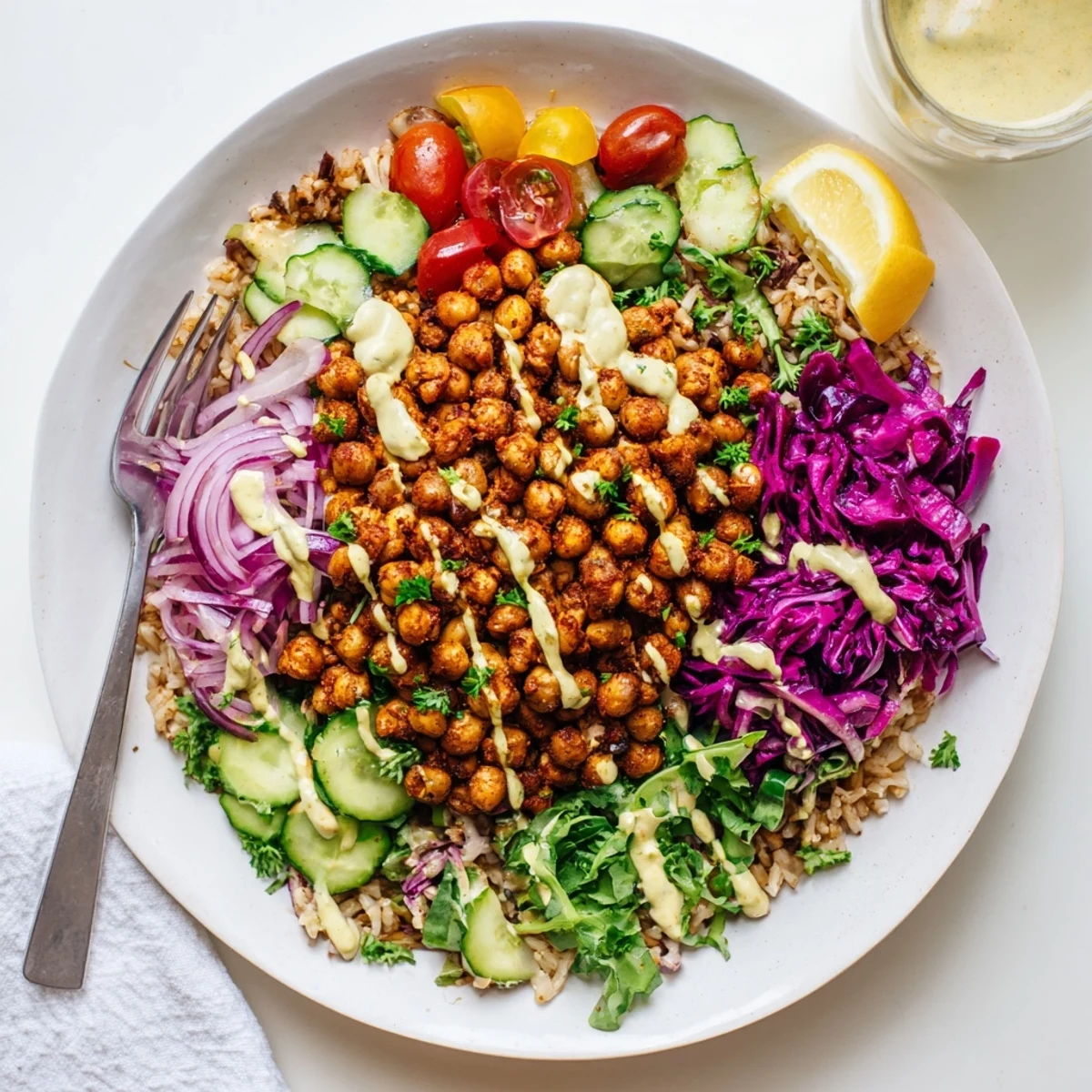 Warm chickpea shawarma bowl topped with roasted spices and creamy tahini drizzle
