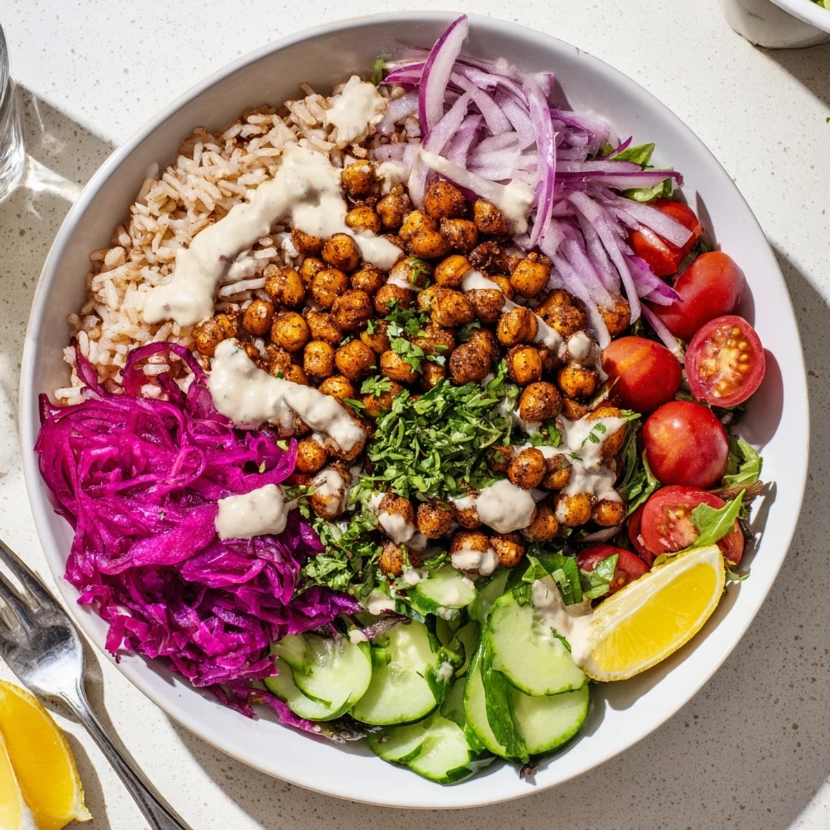 Crispy golden chickpea shawarma bowl served over fluffy quinoa with fresh vegetables