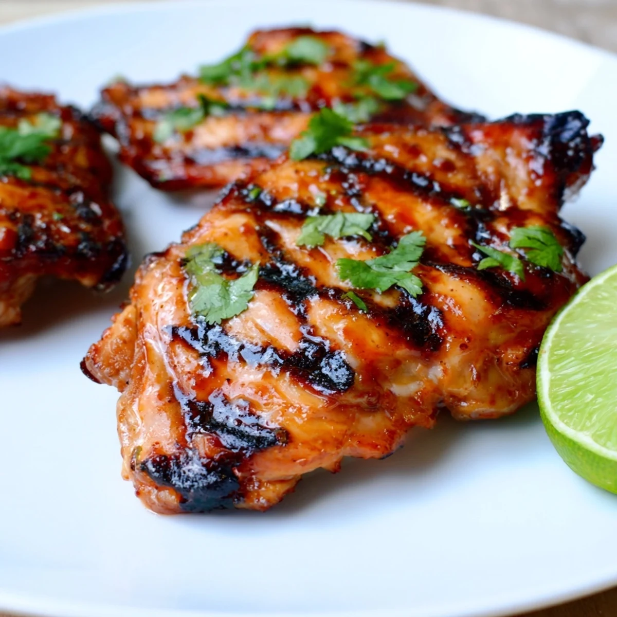 Juicy sweet n spicy grilled chicken thighs with charred edges and fresh cilantro