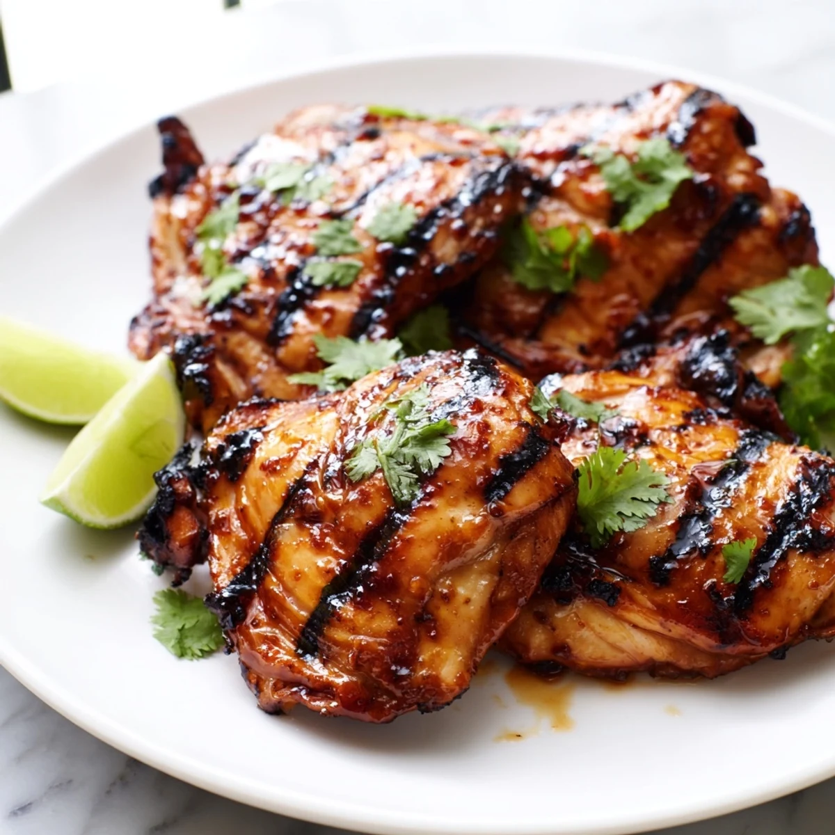Golden honey glazed sweet n spicy grilled chicken thighs sizzling hot off the grill