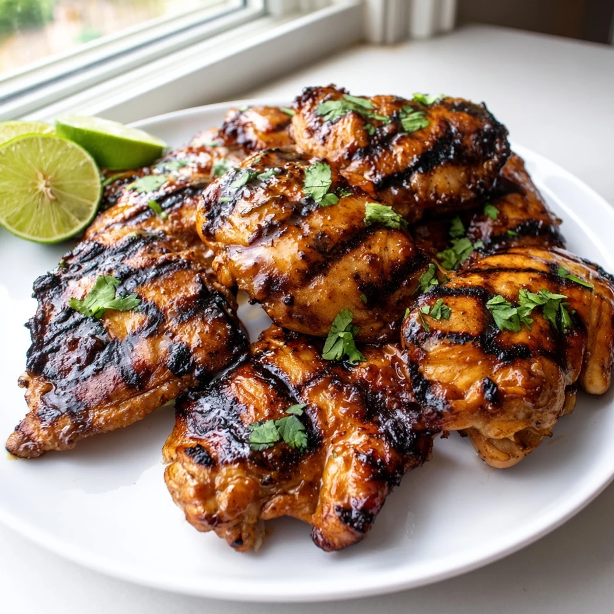 Caramelized sweet n spicy grilled chicken thighs plated with lime wedges and herbs
