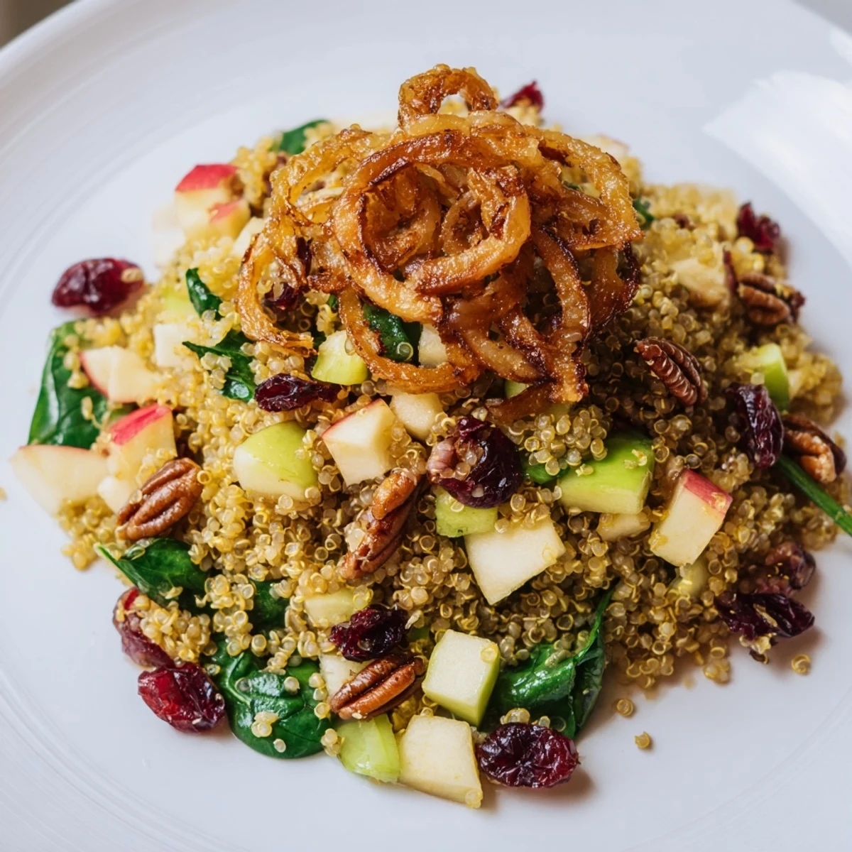 A bowl of honey mustard quinoa apple salad topped with golden crispy shallots and toasted pecans