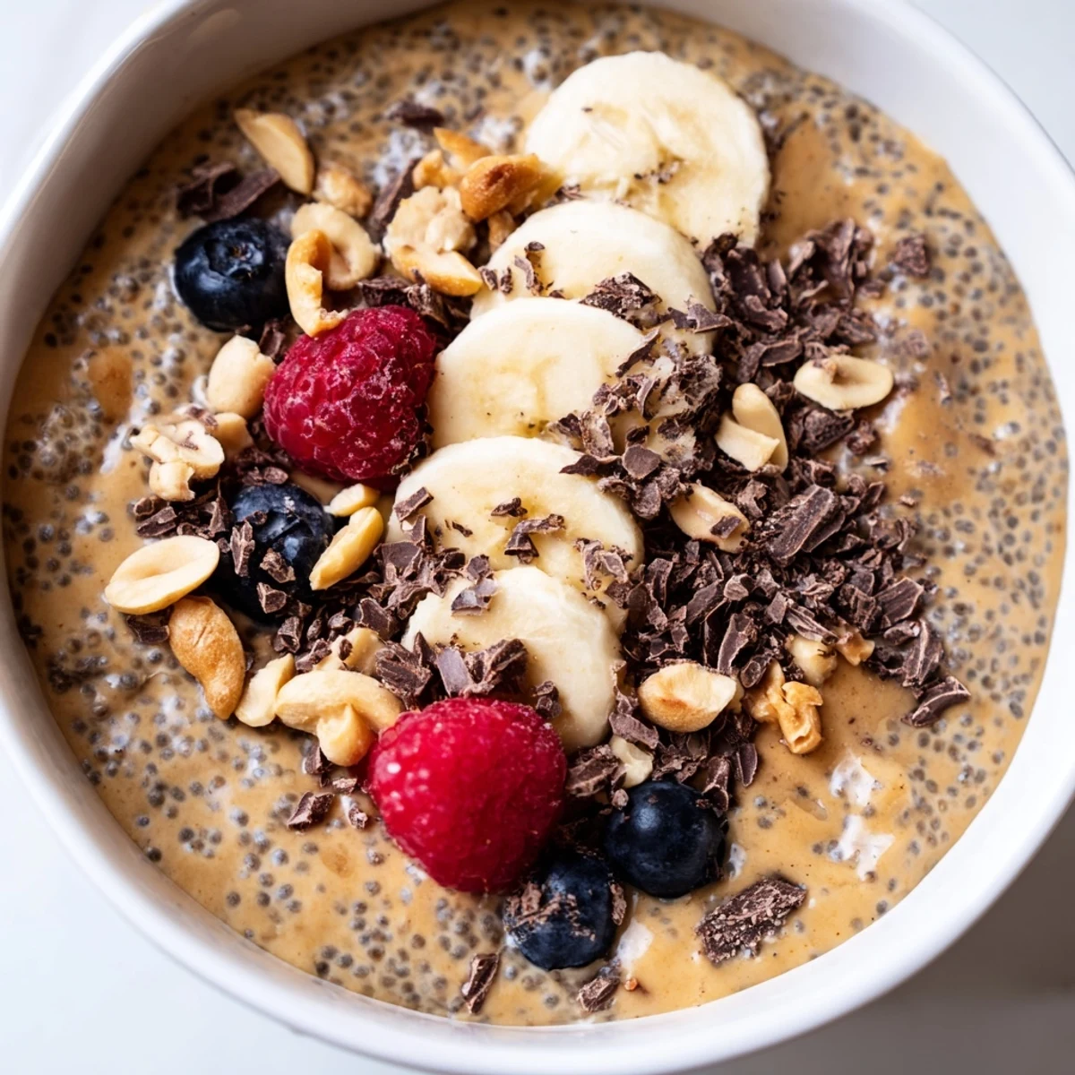 Creamy peanut butter chia pudding topped with sliced bananas and dark chocolate chips