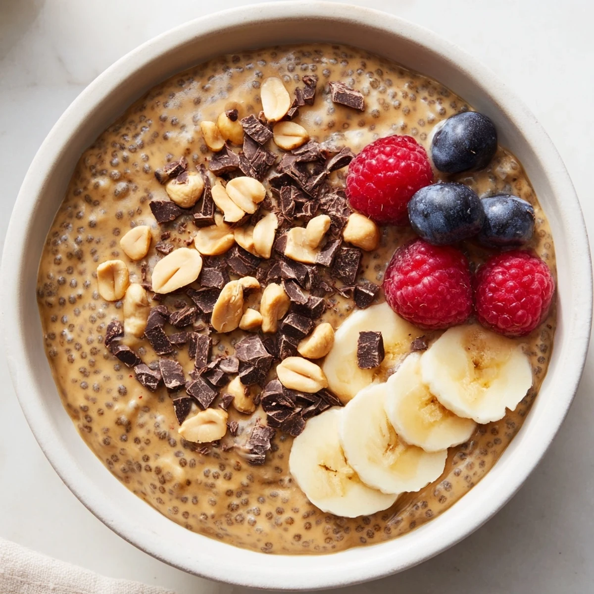 Rich and nutty peanut butter chia pudding garnished with roasted peanuts in a bowl