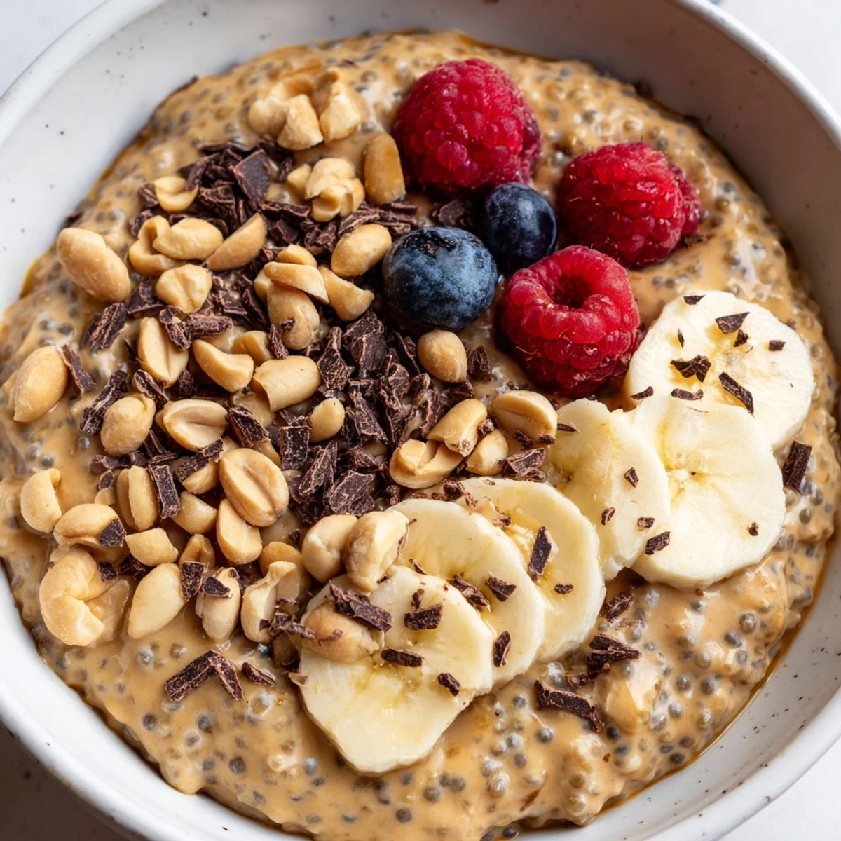 Thick peanut butter chia pudding served in a glass jar with fresh berries