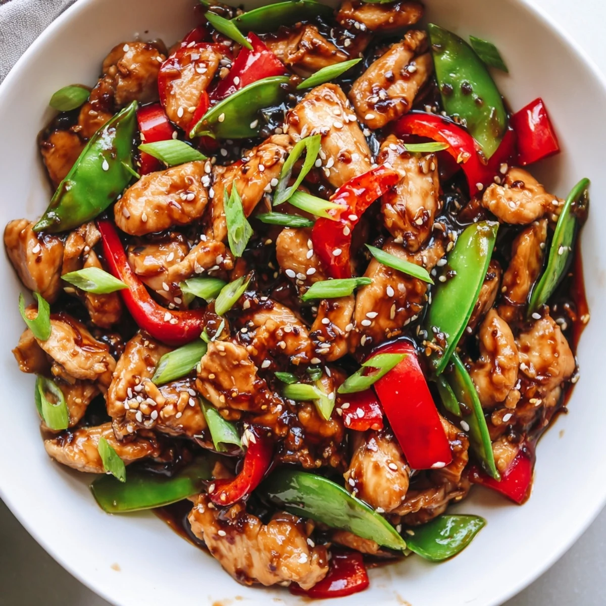 Sizzling stir-fried Chinese garlic chicken with crisp bell peppers and snow peas