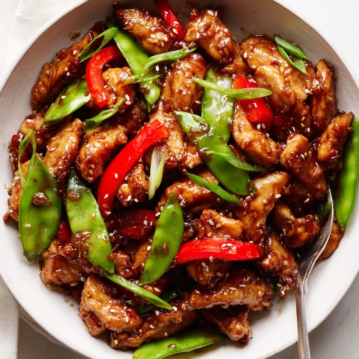 Glossy stir-fried Chinese garlic chicken coated in rich, aromatic garlic sauce