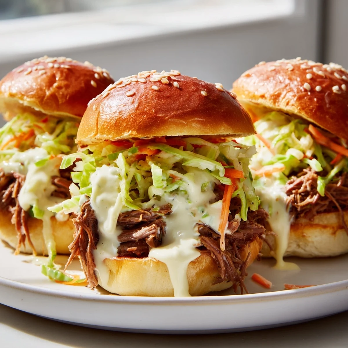Tangy Alabama white sauce pulled lamb sliders piled on toasted buns with crunchy slaw