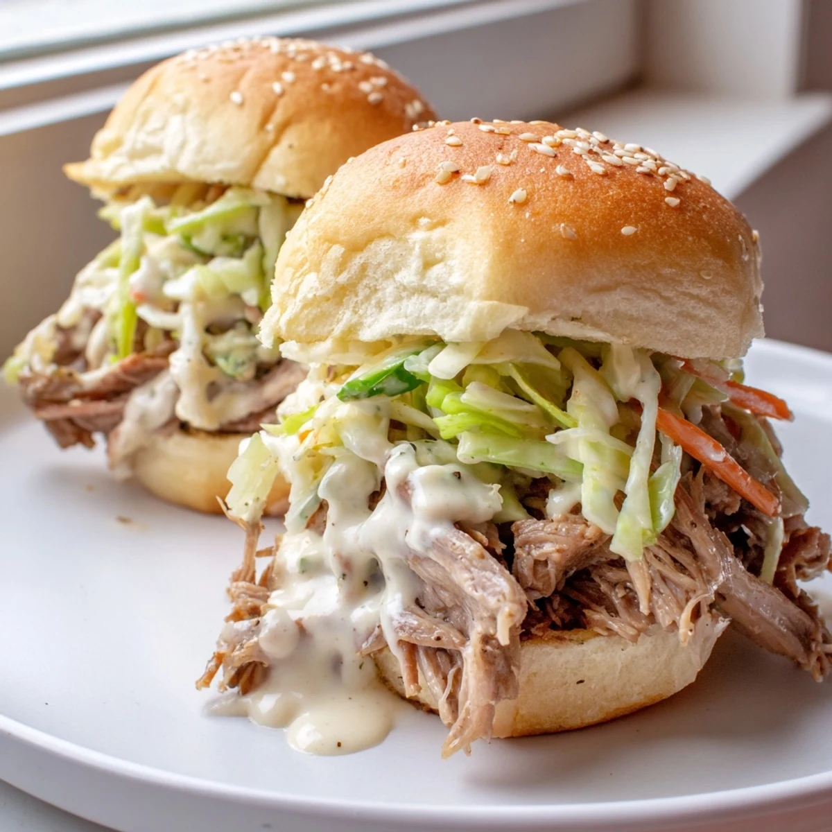 Creamy Alabama white sauce drizzled over tender pulled lamb in soft golden slider buns