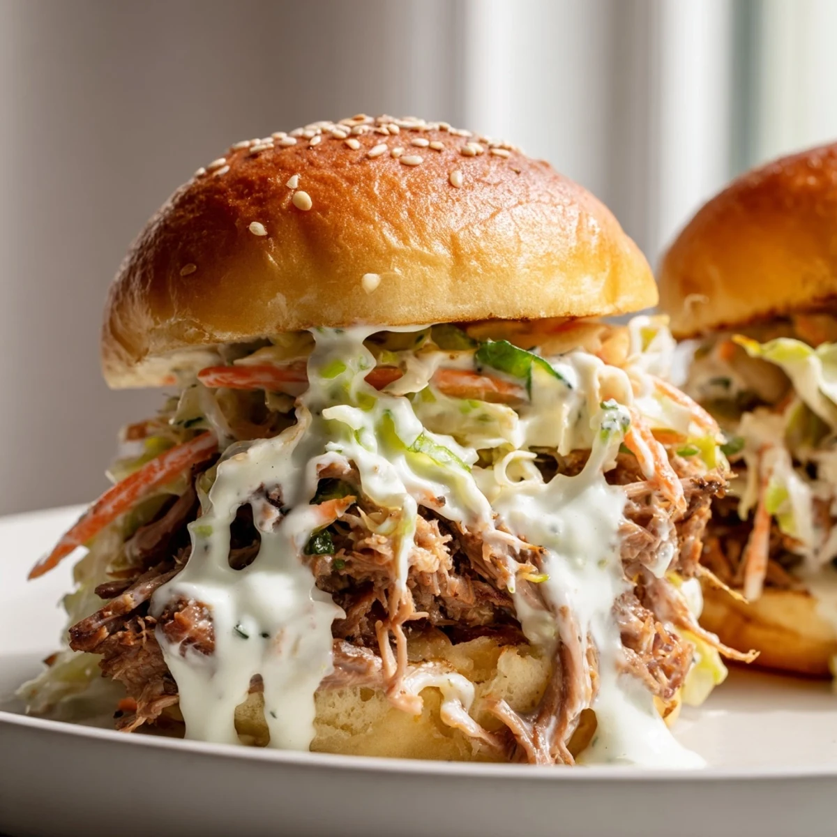 Juicy pulled lamb coated in peppery Alabama white sauce resting on buttery slider buns