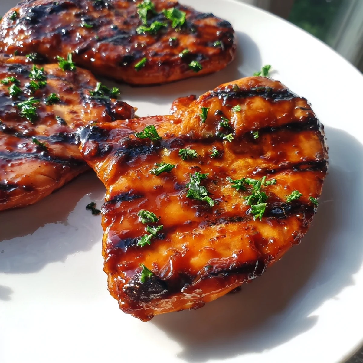 Charred and glossy Grilled Coca Cola Glazed Chicken Breast garnished with fresh chopped parsley