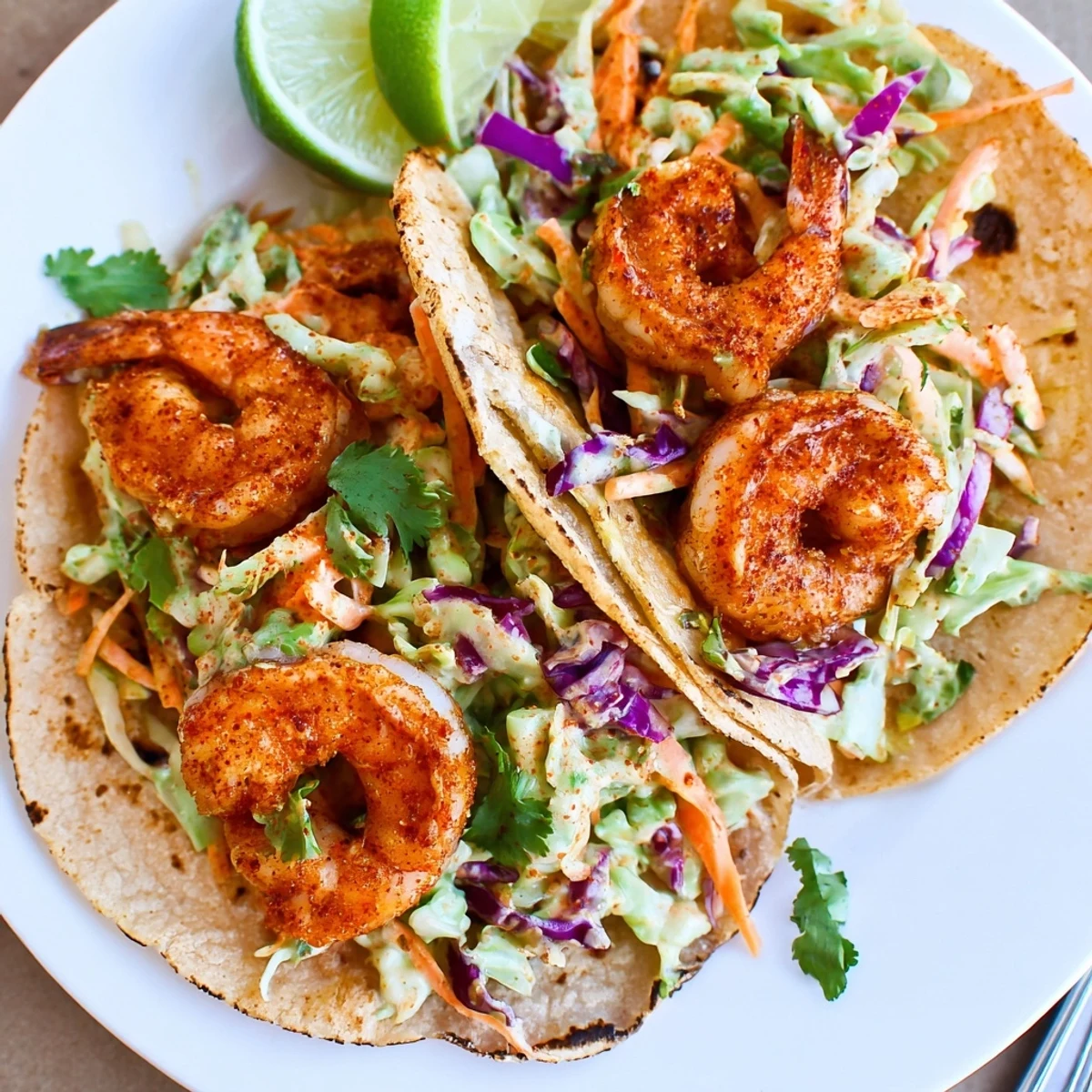 Spicy shrimp tacos loaded with crisp garlic cilantro lime slaw on warm tortillas