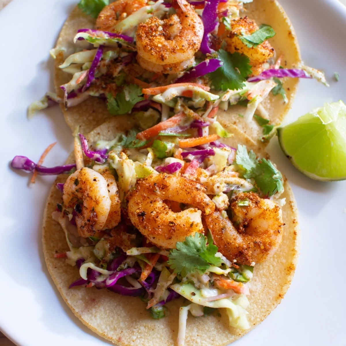 Golden spiced shrimp nestled in soft tortillas topped with tangy purple cabbage slaw