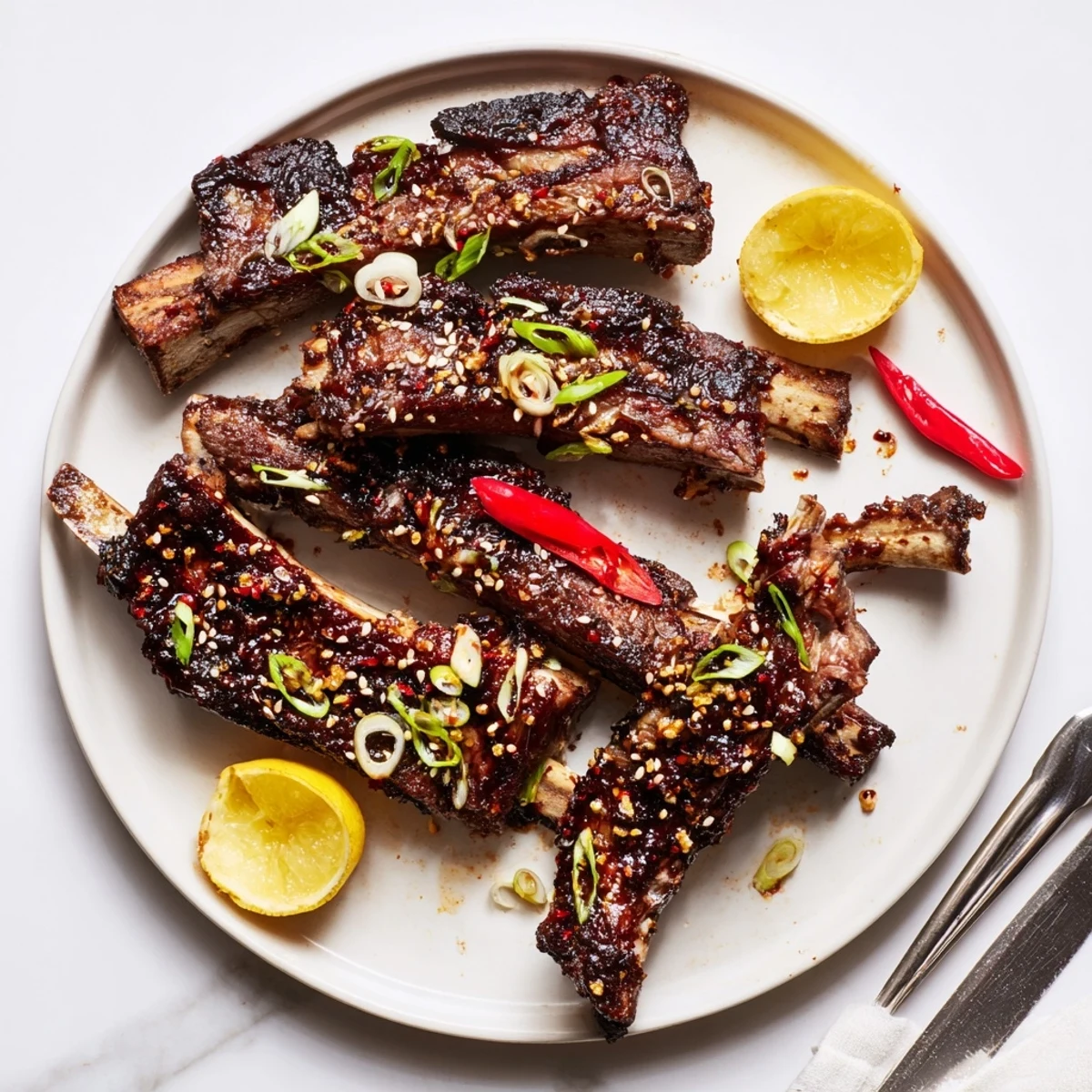 Glossy Korean BBQ lamb ribs caramelized on a wire rack with sesame garnish