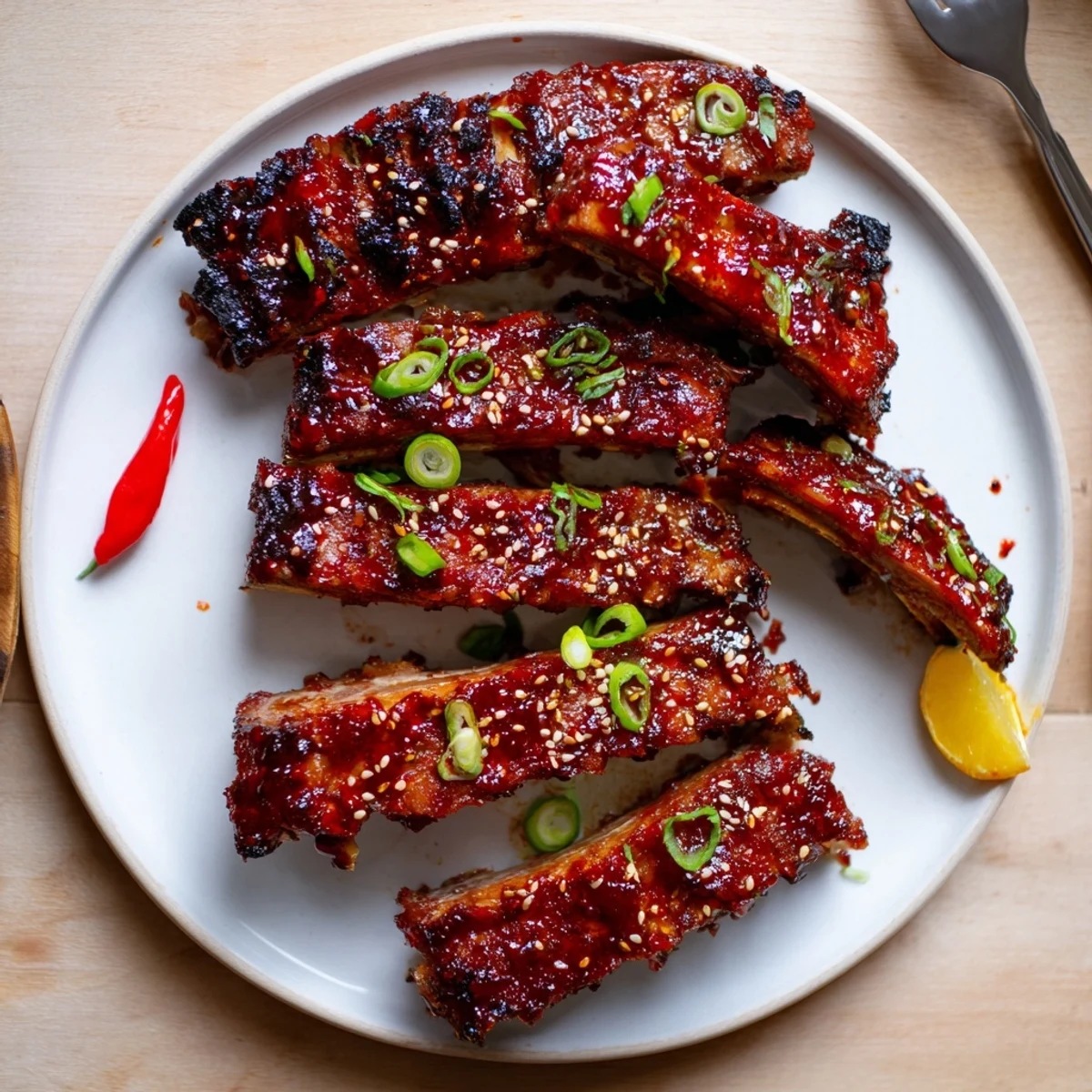 Juicy Korean BBQ lamb ribs dripping with spicy gochujang glaze and scallions