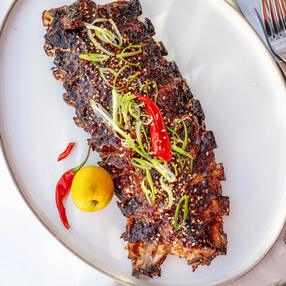 Charred Korean BBQ lamb ribs finished with bright yuzu citrus and sliced chili