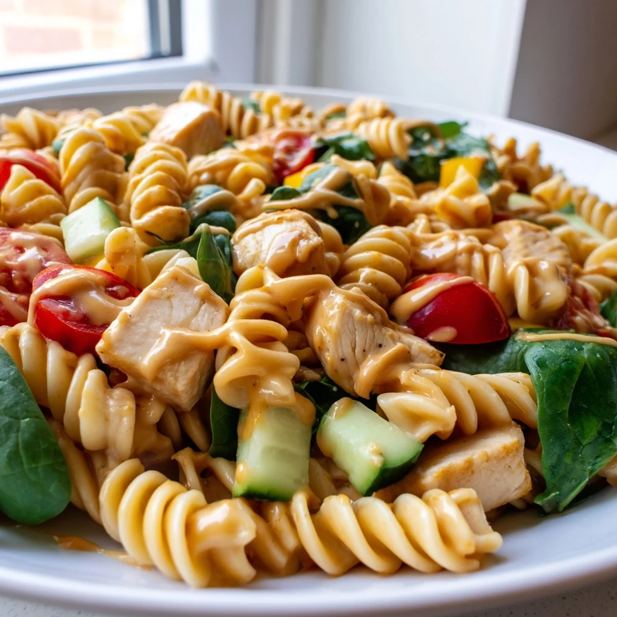 Colorful honey mustard chicken pasta salad in a large serving bowl with fresh vegetables