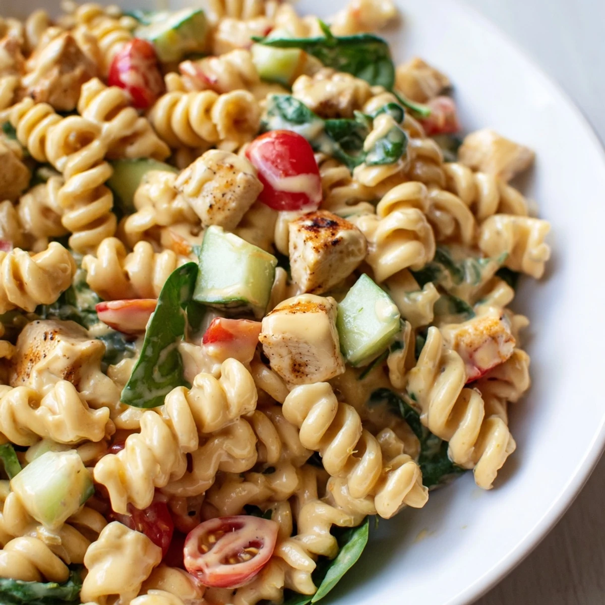 Honey mustard chicken pasta salad tossed with cherry tomatoes, spinach, and creamy dressing