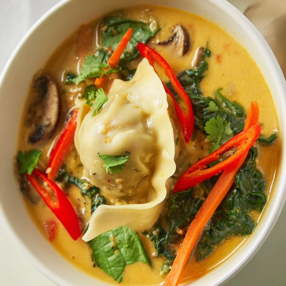 Silky coconut broth cradling plump dumplings in this vibrant Creamy Thai Dumpling Soup