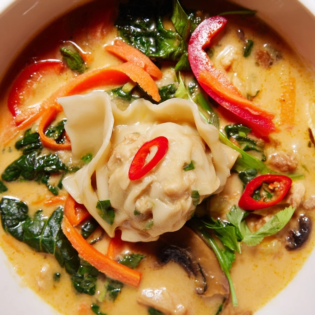 Steaming bowls of Creamy Thai Dumpling Soup topped with fresh cilantro and chili slices