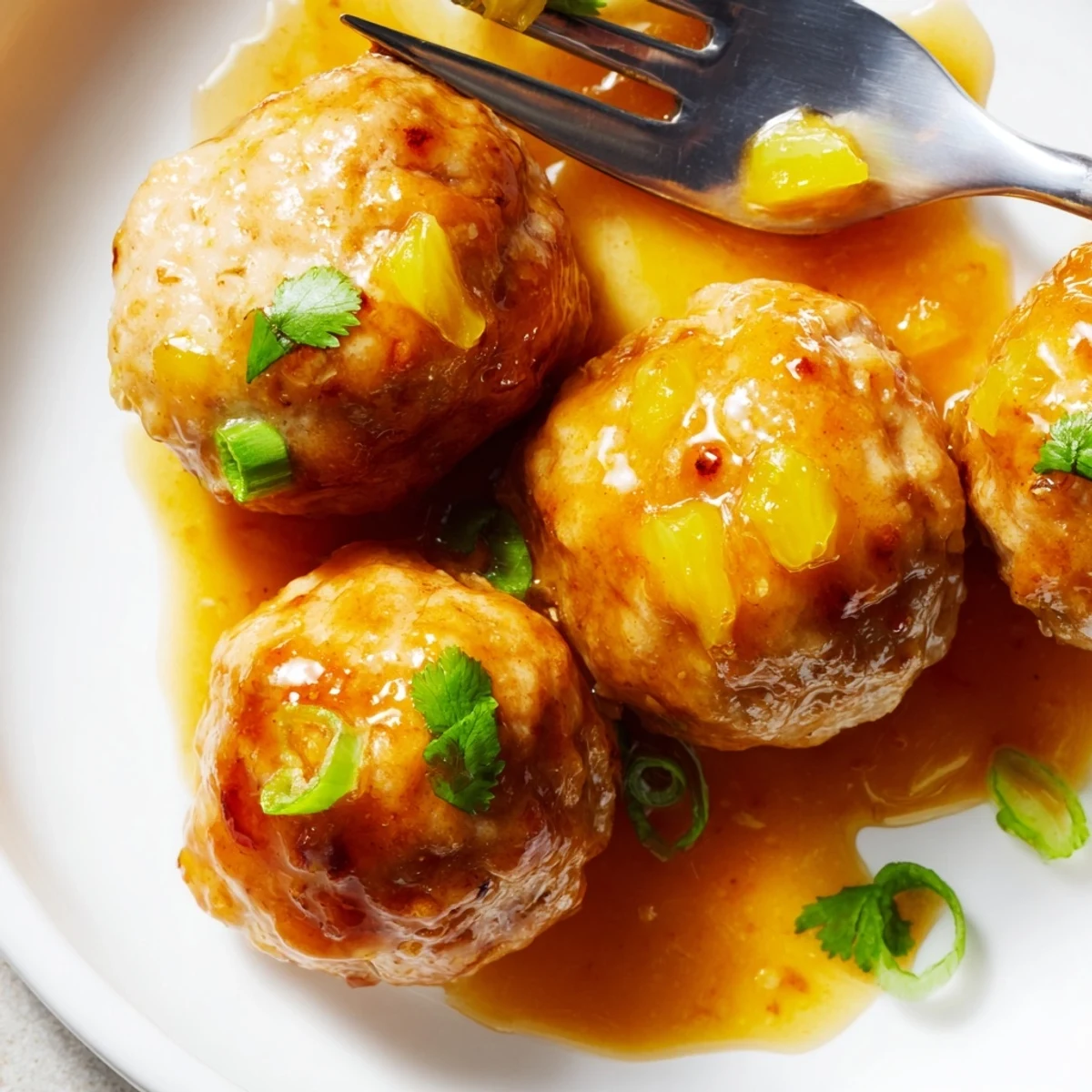 Golden Sweet Pineapple Chicken Meatballs drizzled in glossy tangy sauce on a white platter