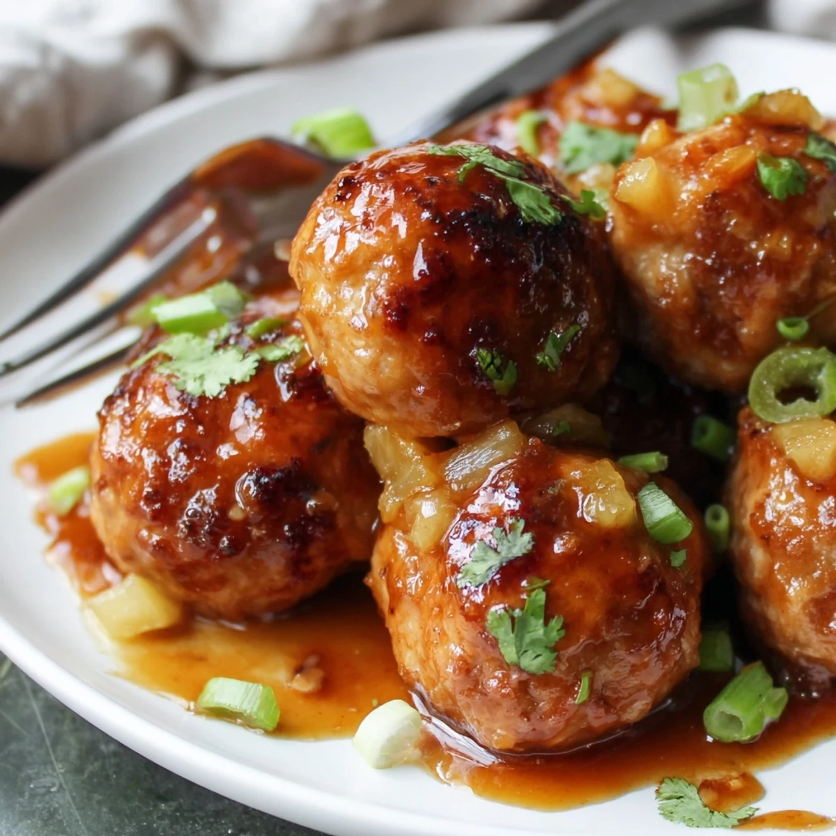Sweet Pineapple Chicken Meatballs nestled in sticky caramelized sauce with chopped green onions