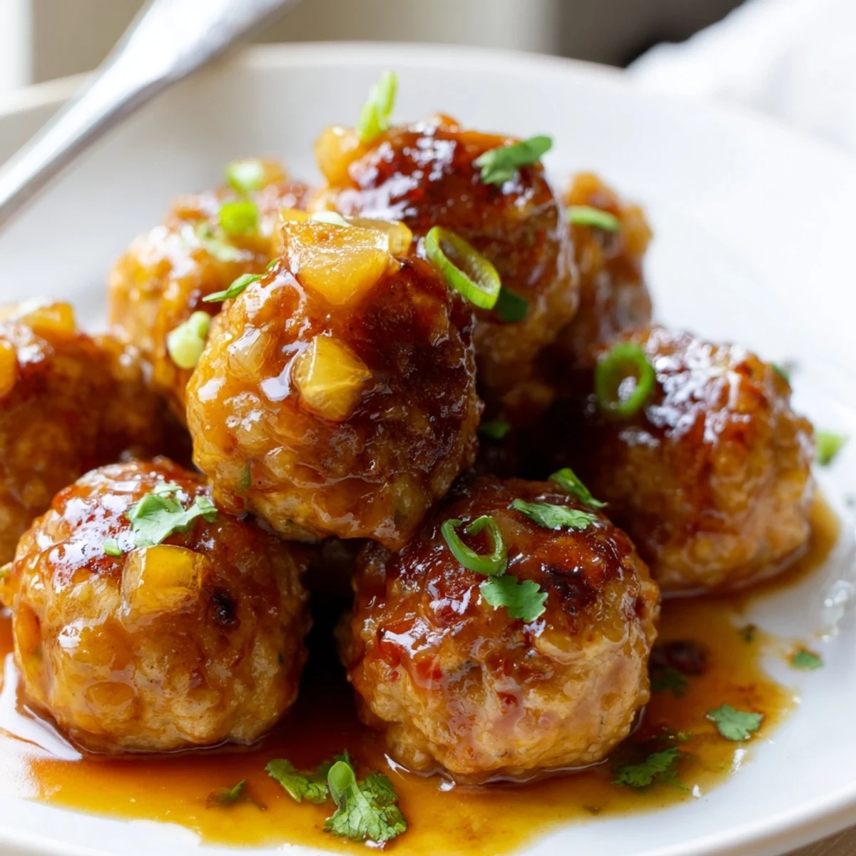 A steaming skillet of Sweet Pineapple Chicken Meatballs garnished with fresh cilantro over jasmine rice