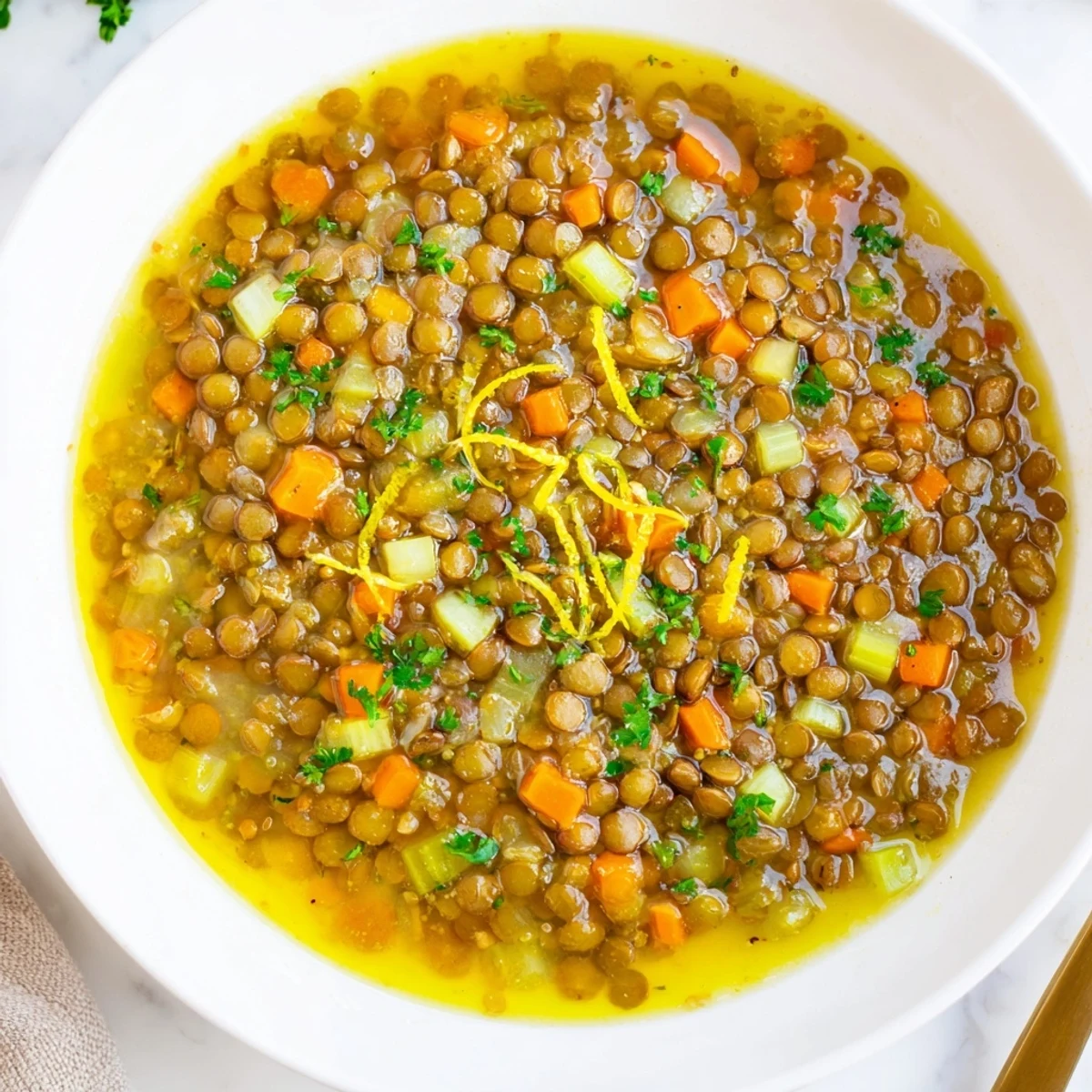 Creamy lemon lentil soup in a rustic bowl with crusty bread on the side