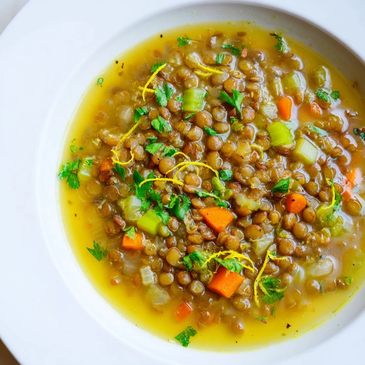 A steaming bowl of lemon lentil soup topped with fresh parsley and a lemon wedge
