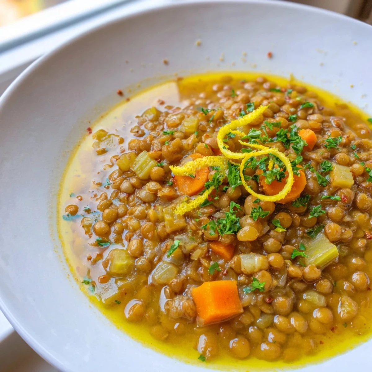 Golden lemon lentil soup garnished with parsley, olive oil drizzle, and cracked black pepper