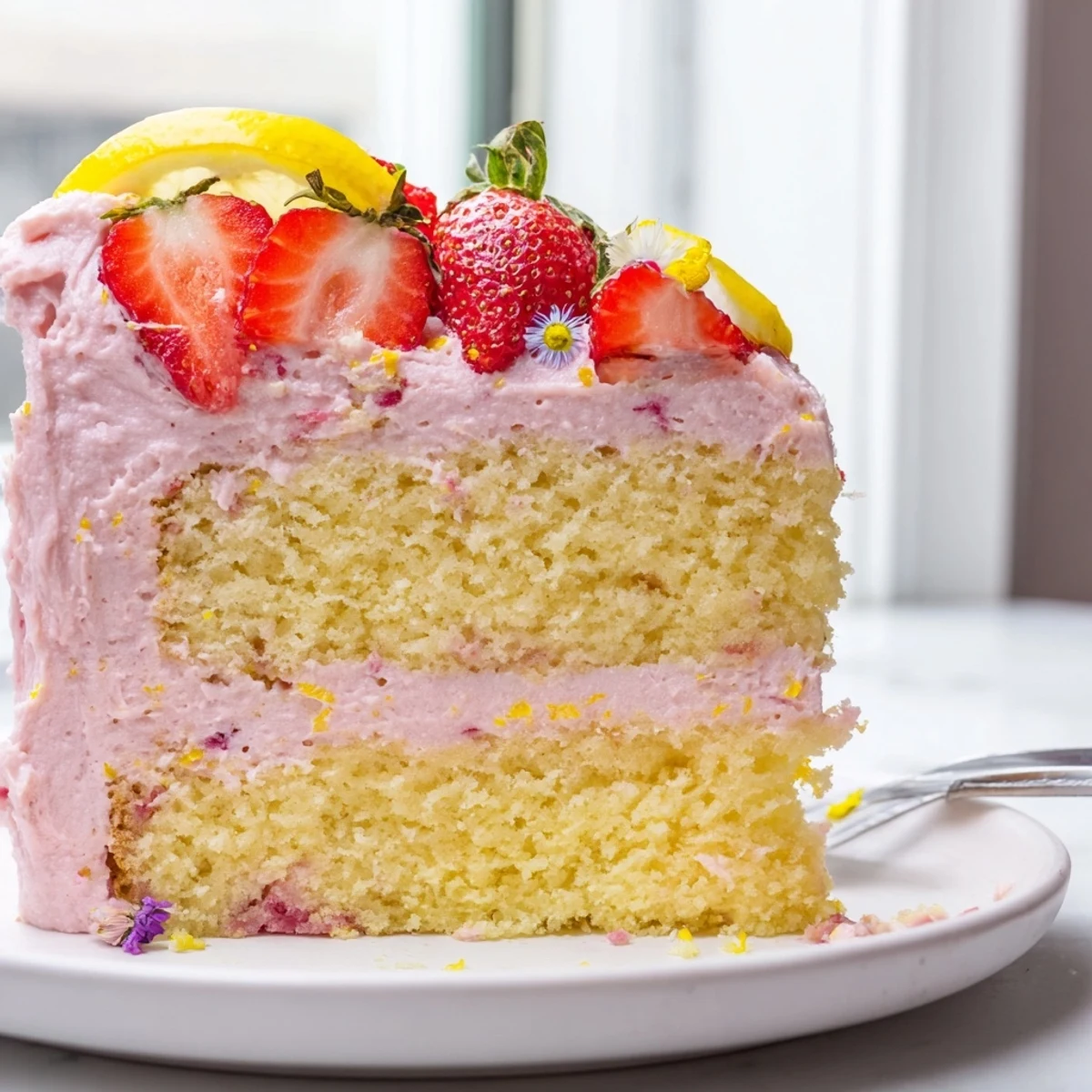 Pink strawberry lemonade cake layered with tangy cream cheese frosting and fresh berries