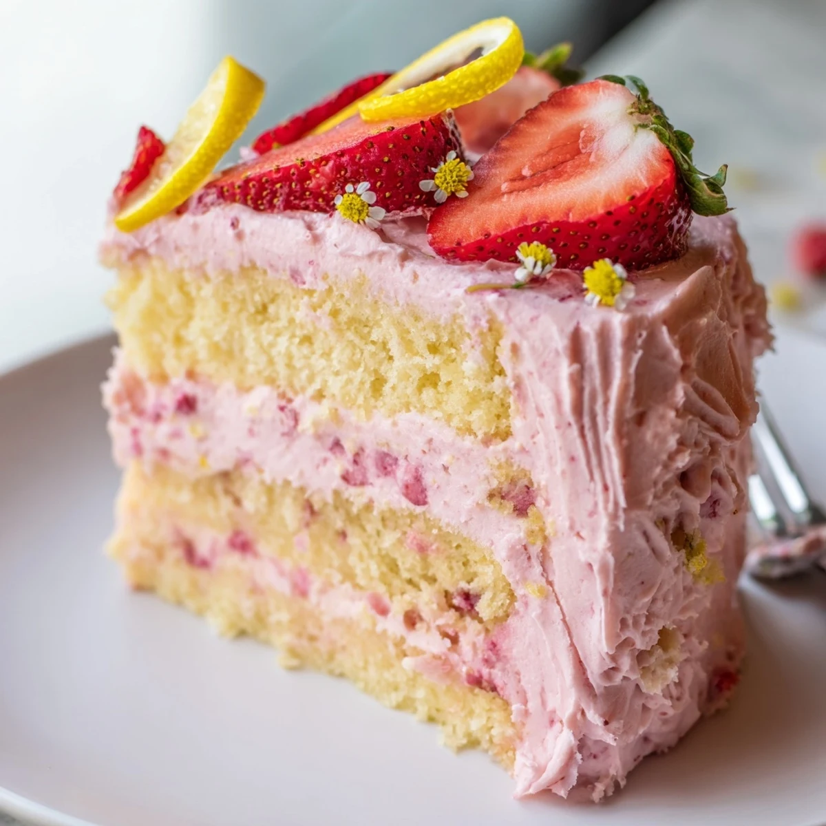 Tall strawberry lemonade cake decorated with strawberry halves and edible flowers for summer