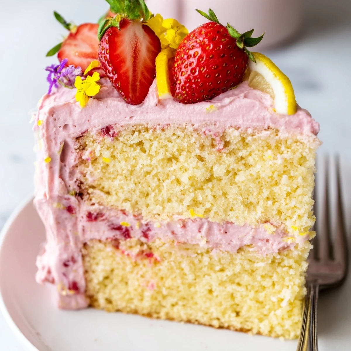 Moist strawberry lemonade cake topped with swirls of pink frosting and lemon slices