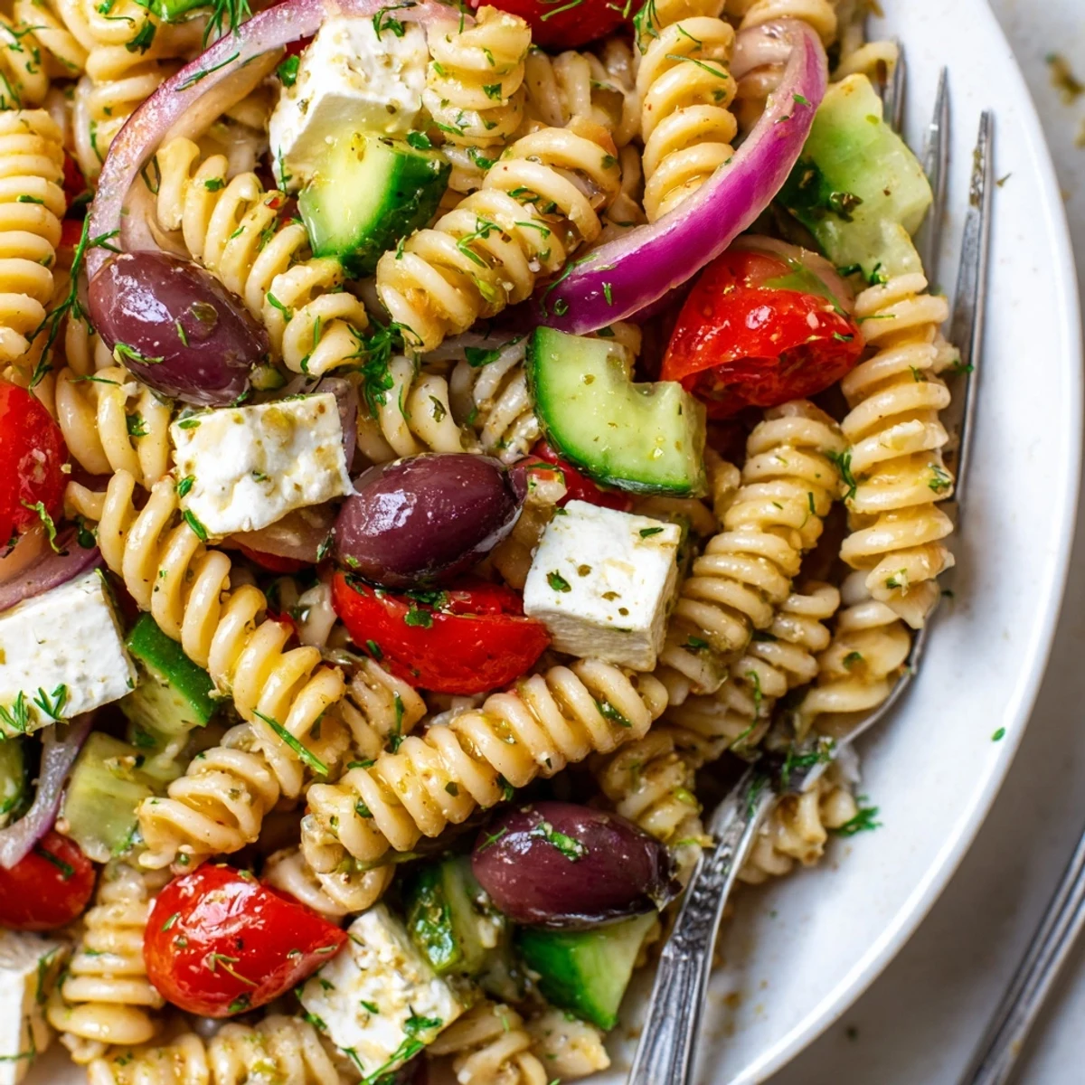 Colorful Greek pasta salad loaded with juicy tomatoes, crunchy cucumbers, and crumbled feta cheese.